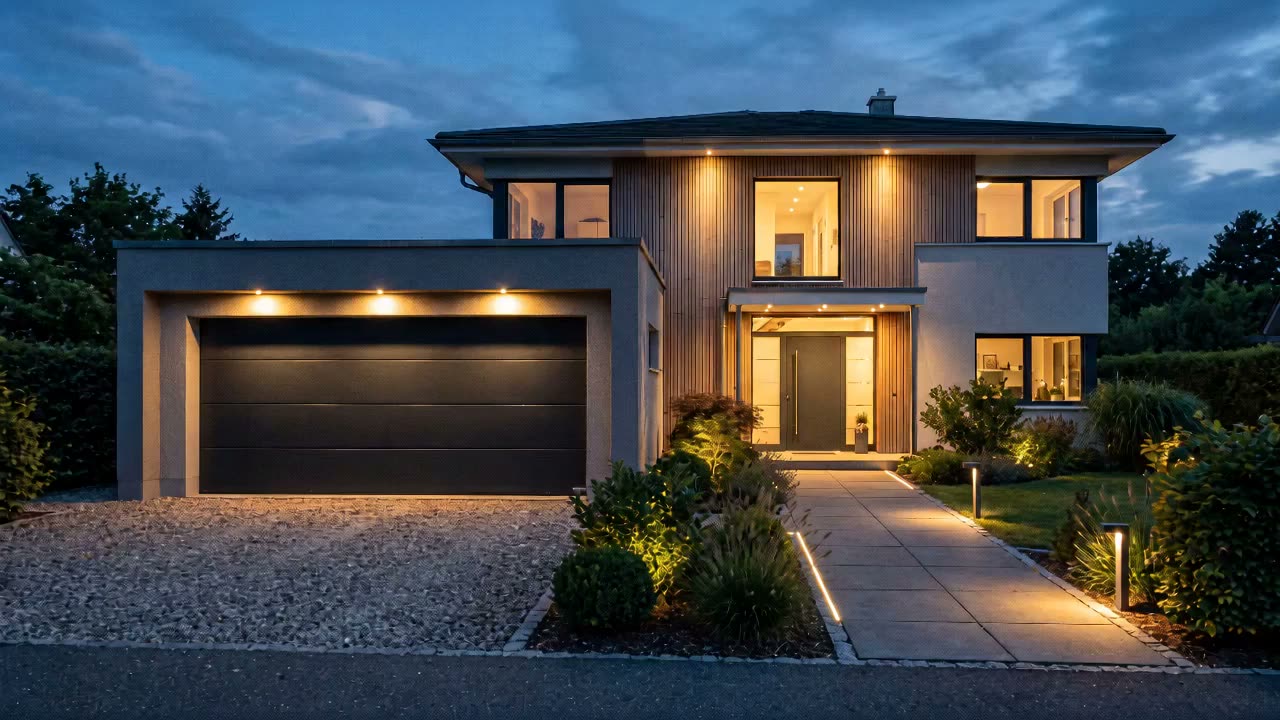 Einfamilienhaus am Abend, Blick auf Garage und Haustür