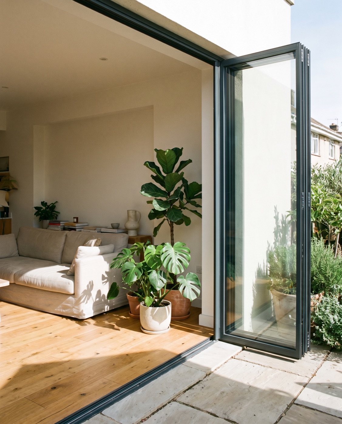Große Glaselemente an einer Terrasse