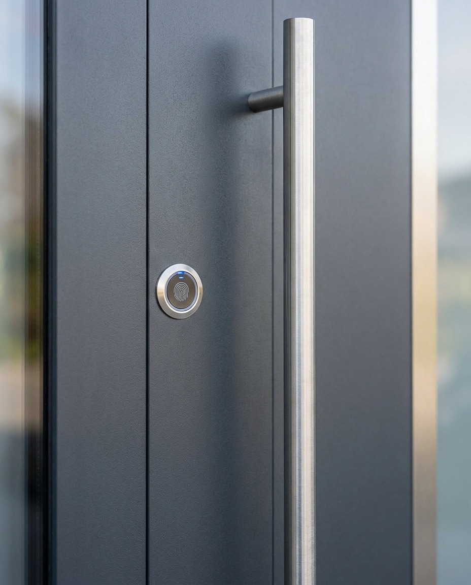 Detail einer Haustür mit Stangengriff und Fingerprint-Leser