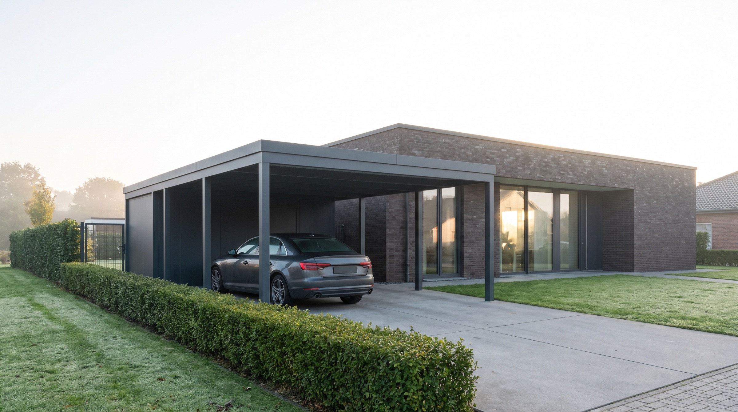 Aluminium-Carport neben einem Einfamilienhaus