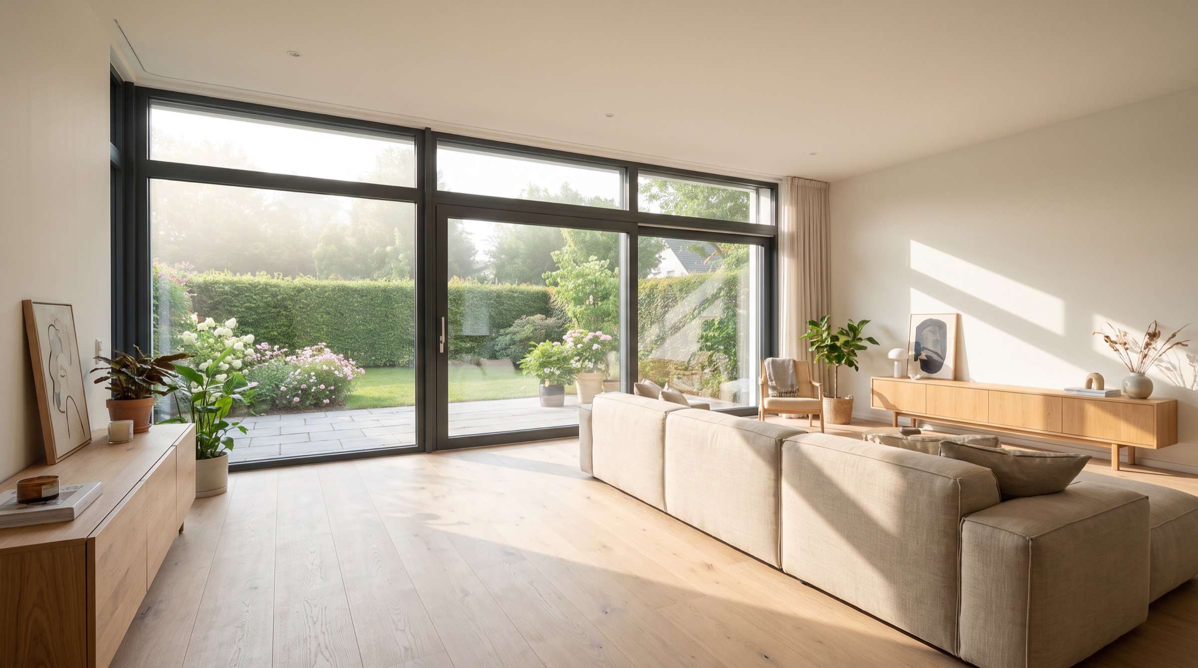 Wohnzimmer mit großen Fenstern