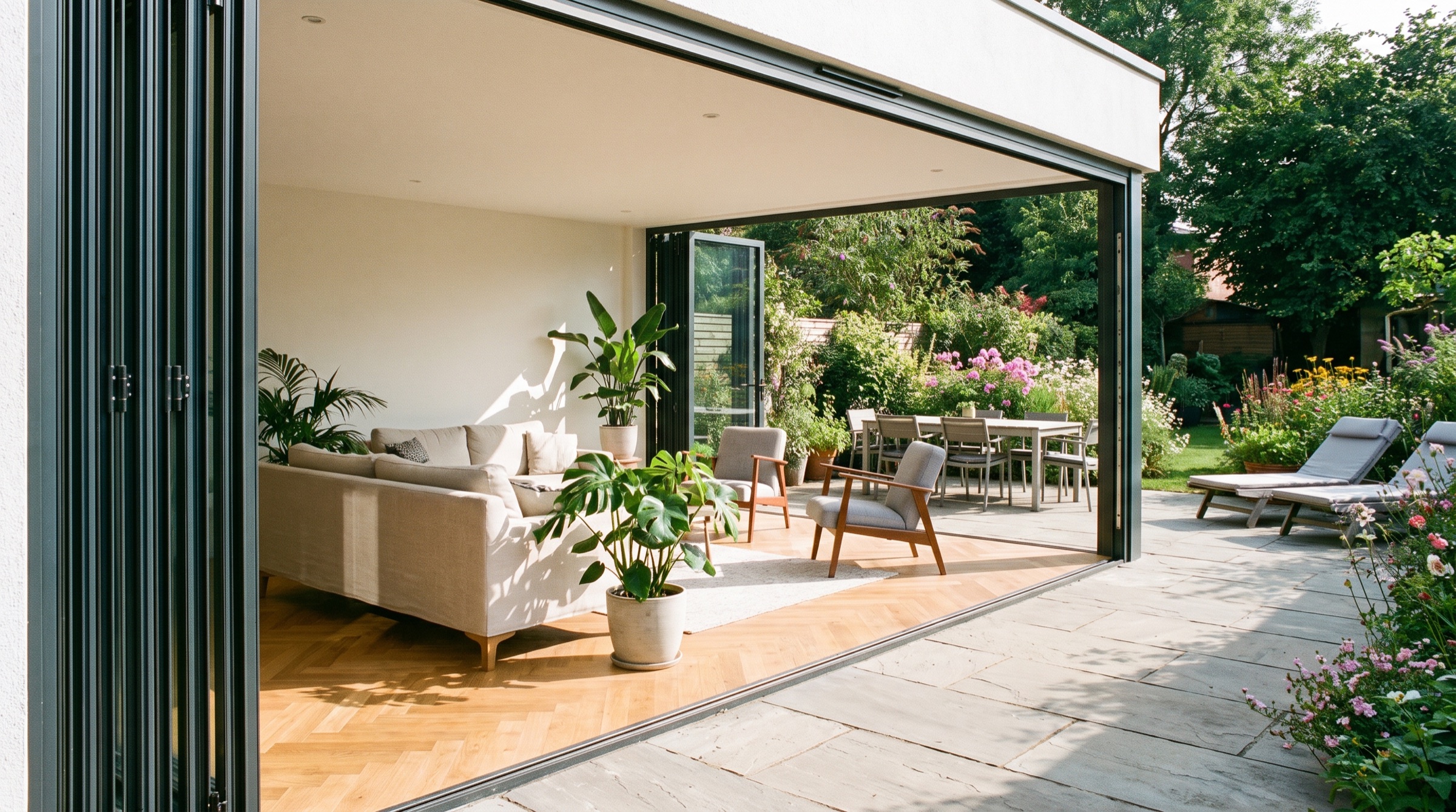 Geöffnete Glas-Faltwand zwischen Wohnraum und Terrasse