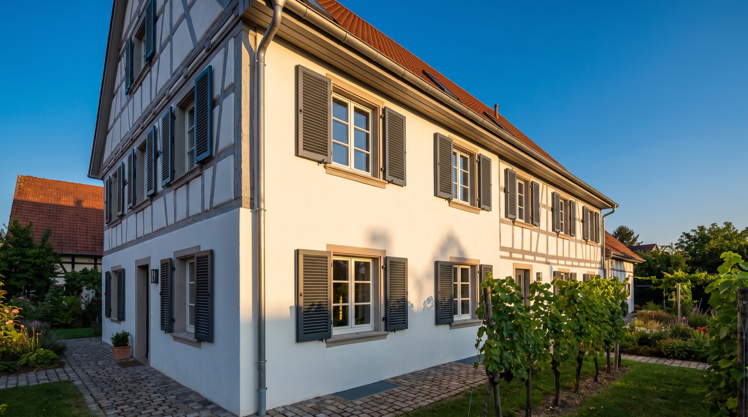Haus mit anthrazitfarbenen Klappläden an den Fenstern