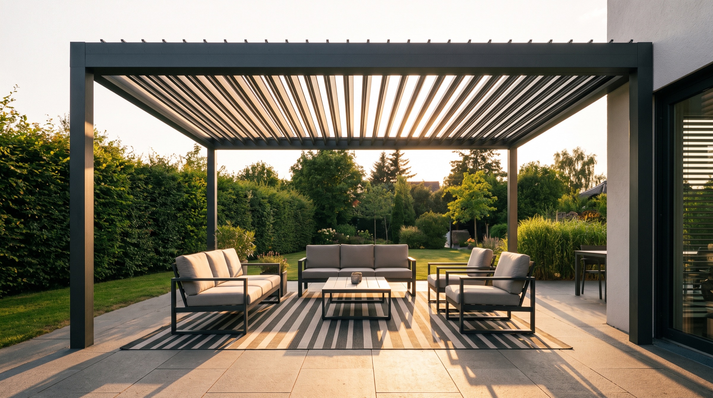 Lamellen-Pergola über einer Terrasse mit Sitzgruppe