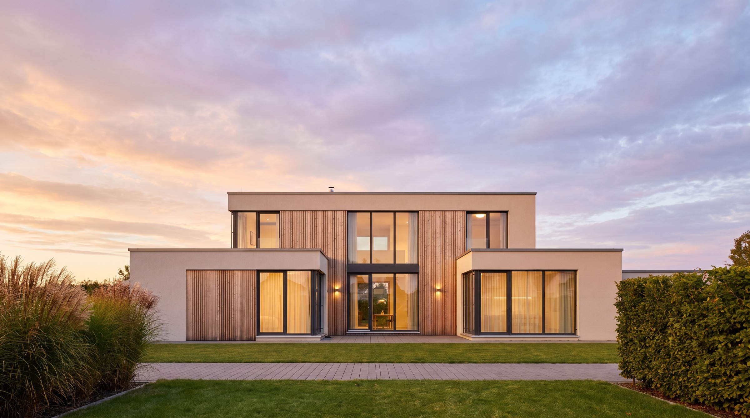 Einfamilienhaus mit großen Fensterfronten in der Abenddämmerung