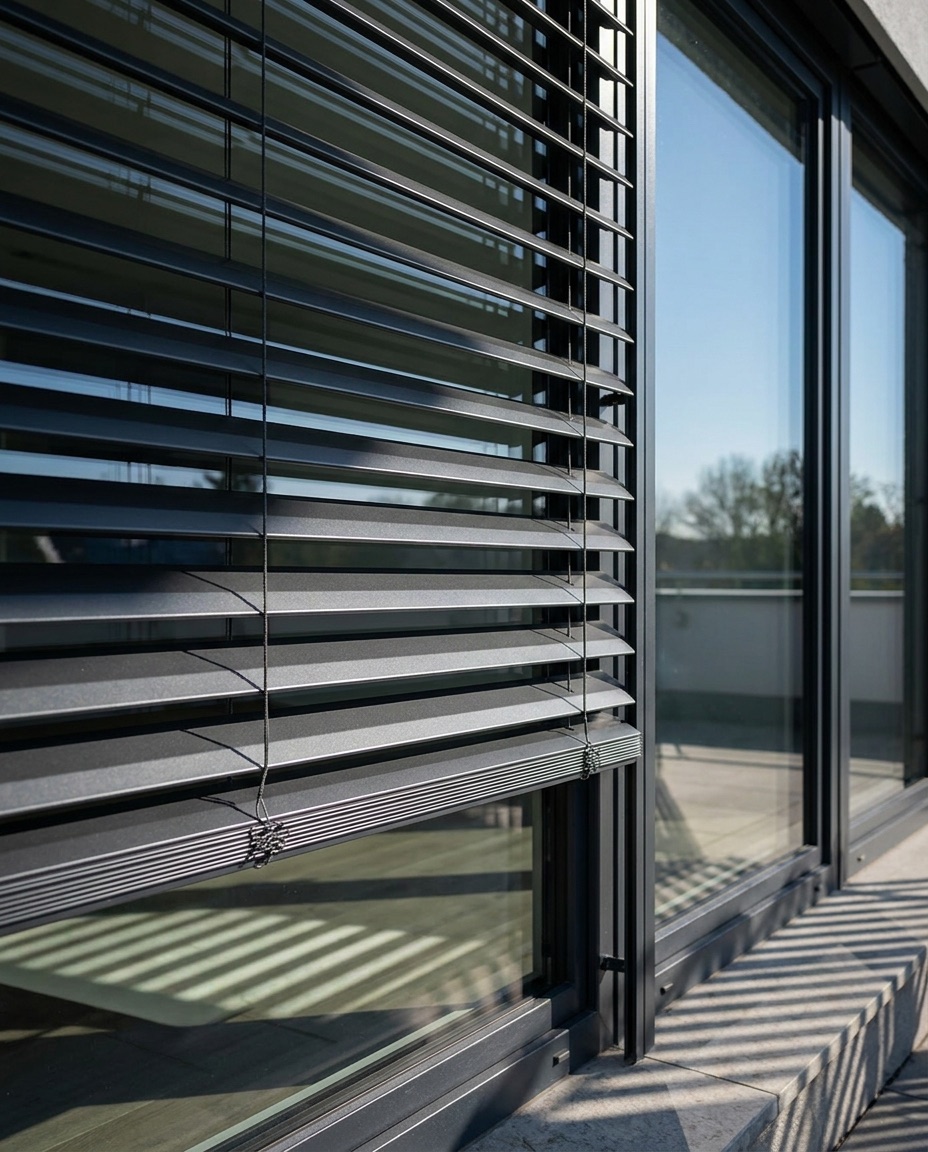 Detail der Lamellen eines Raffstores im Sonnenlicht