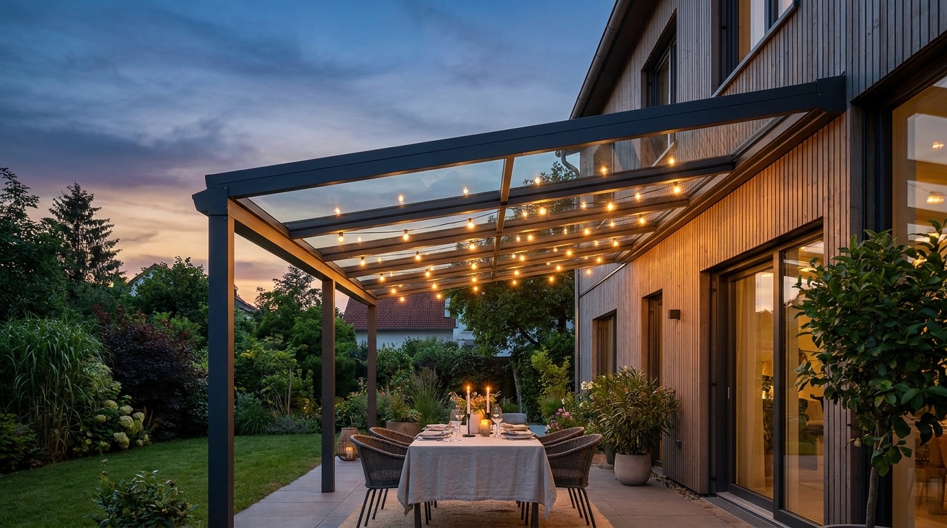 Beleuchtetes Glas-Terrassendach am Abend