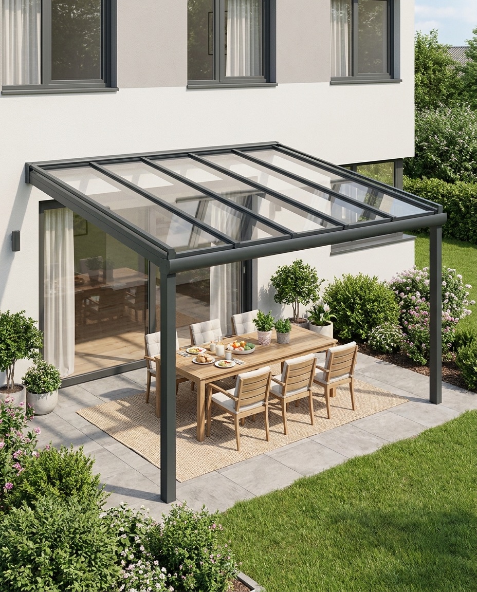 Glas-Terrassendach im Garten